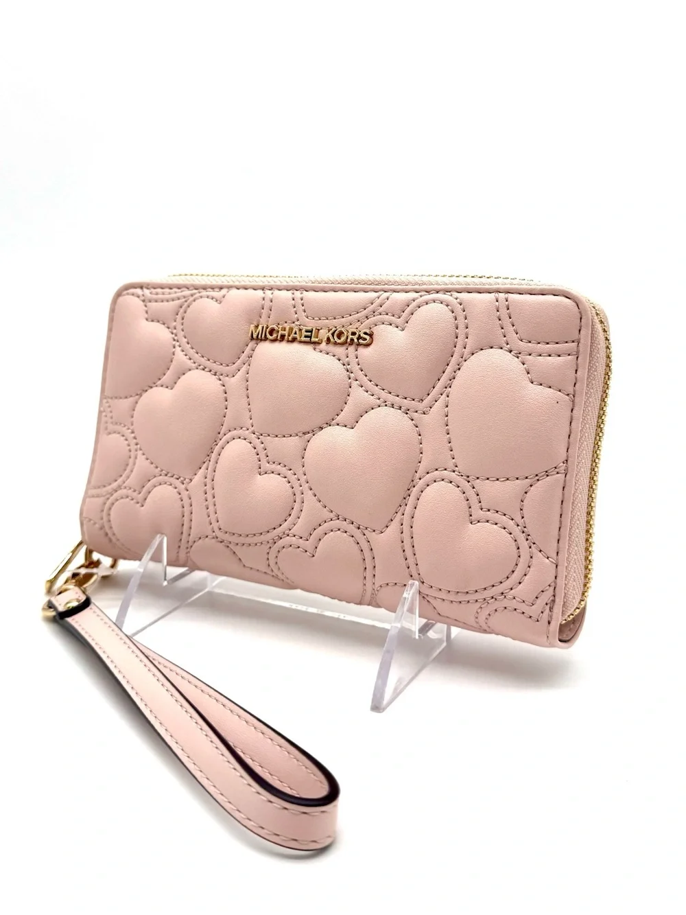 Michael Kors Large Quilted Heart Flat MF Phone Case Wallet Powder Blush
